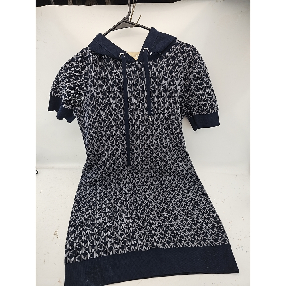 Michael Kors Navy Monogram Knit Hooded Mini Dress - Picture 1 of 5